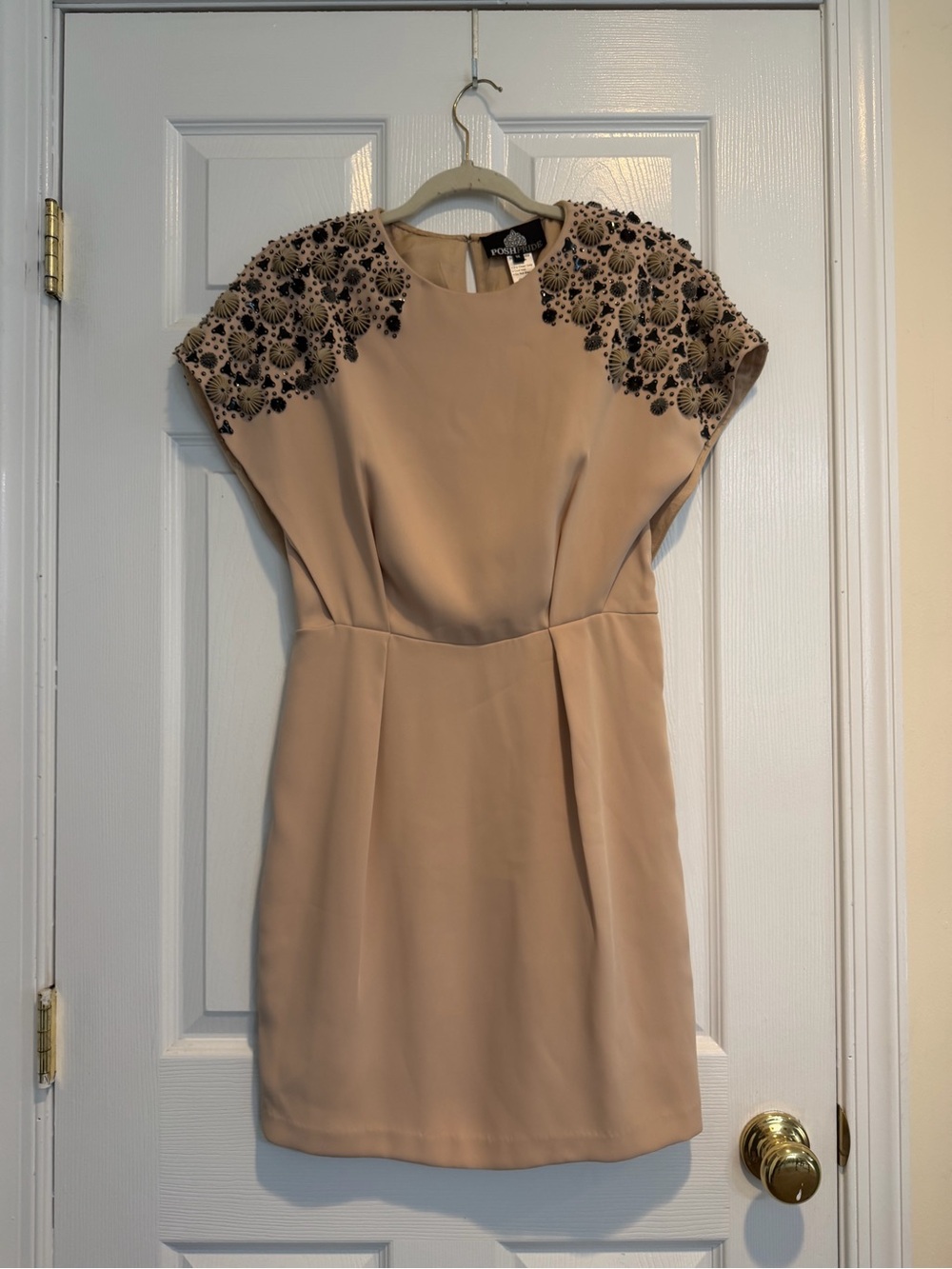 Beige Embroidered Sleeve Mini Dress